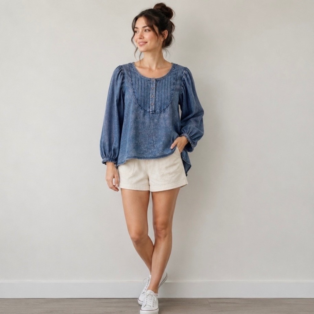 We The Free Blue Balloon Sleeve Peasant Top Boho Renaissance Womens Oversized XS